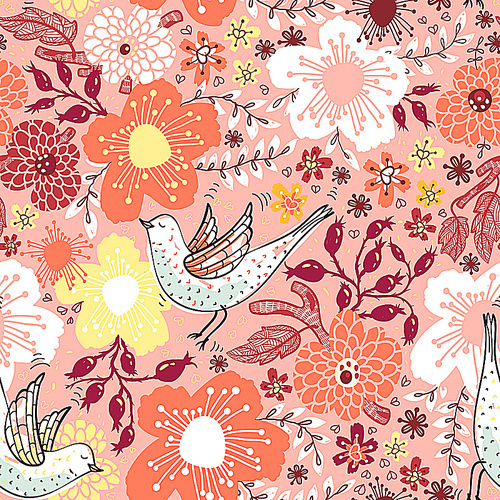 vector floral  seamless pattern with blooming flowers and flying birds