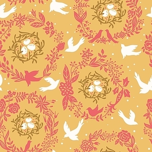 vector floral seamless pattern with floral wreathes|birds and nests
