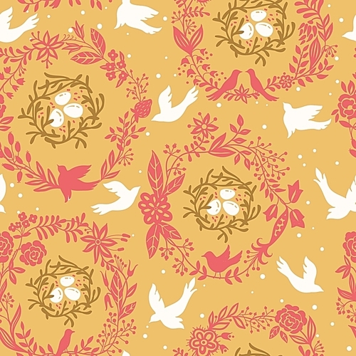 vector floral seamless pattern with floral wreathes|birds and nests