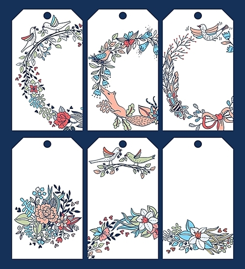 vector set of six tags with floral elements and garlands