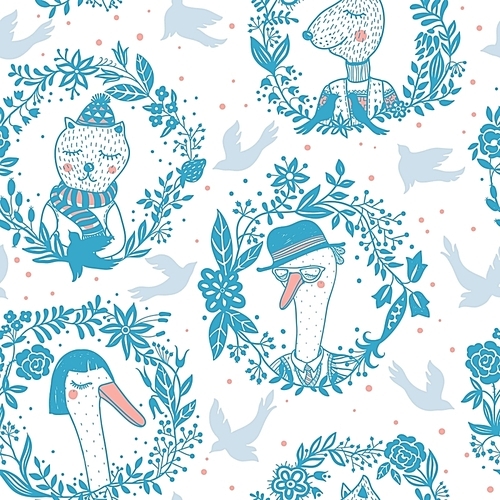 vector seamless  pattern with funny portraits of cute animals