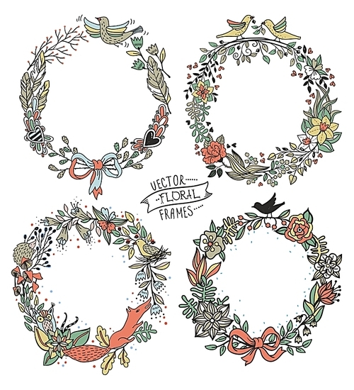 vector set of of floral wreathes with birds|animals and blooming flowers