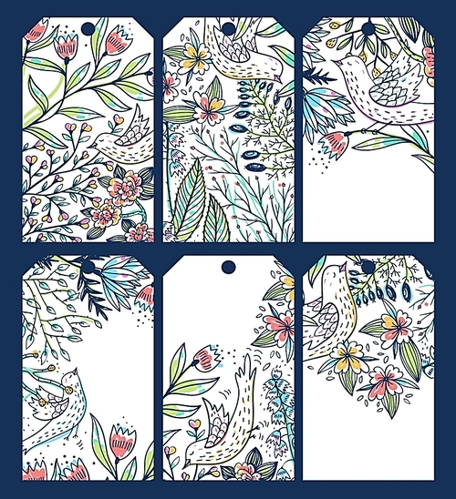 vector set of floral tags with colorful blooming flowers and funny birds