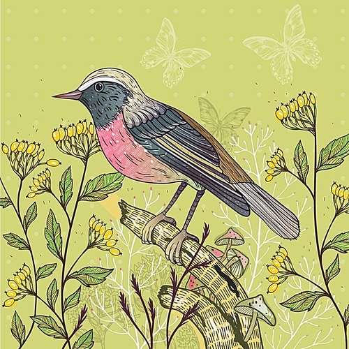 vector floral illustration of a bird and yellow berries