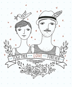 vector  illustration of a young couple with vintage roses and ribbons