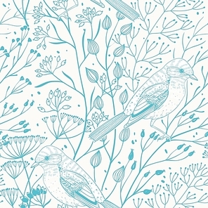 vector floral seamless pattern with blue herbs and birds