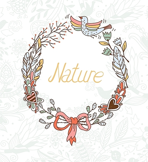 vector floral  wreath with decorative hearts|feathers and plants