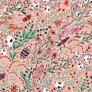 vector floral seamless pattern with summer blooms and beetles