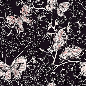 vector floral seamless pattern with vintage butterflies