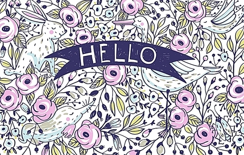 hand drawn vector floral card with roses and cute animals