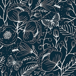 vector floral seamless pattern with vintage flowers and butterflies