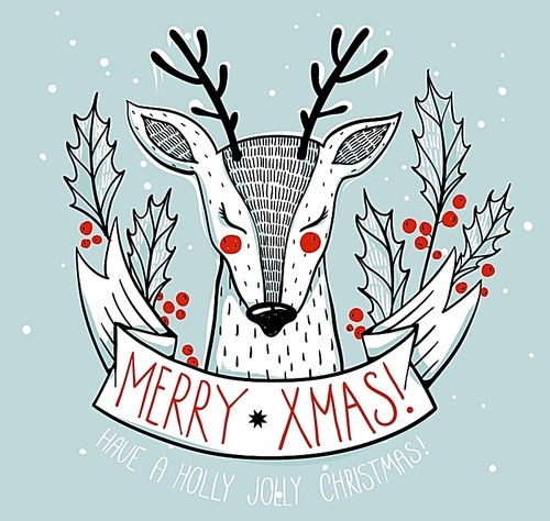 Christmas illustration of a cute deer with holly berries