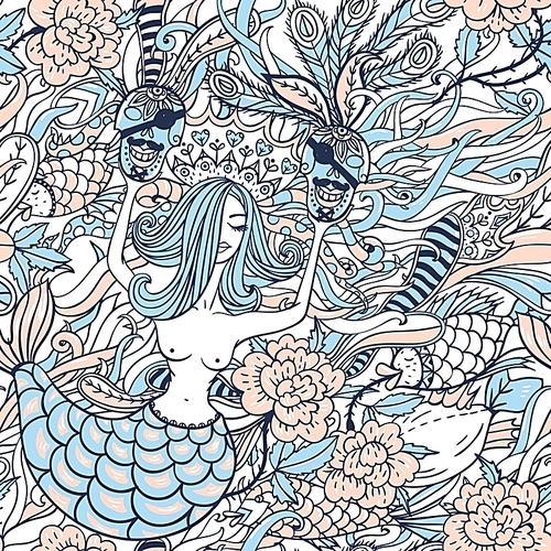 vector seamless pattern with beautiful mermaids