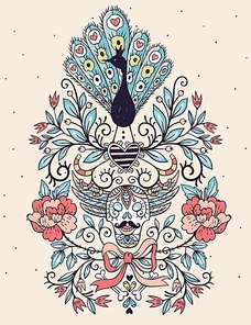vector illustration of a peacock|skull and  vintage flowers