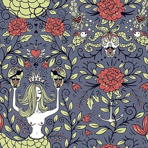 vector seamless pattern with beautiful mermaids|pirates skulls and blooming roses