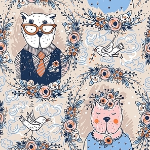 vector seamless pattern with funny family portraits of cute cats