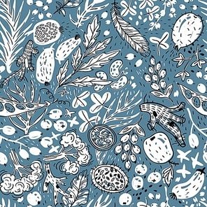 vector  seamless pattern with hand drawn plants|fruits and vegetables