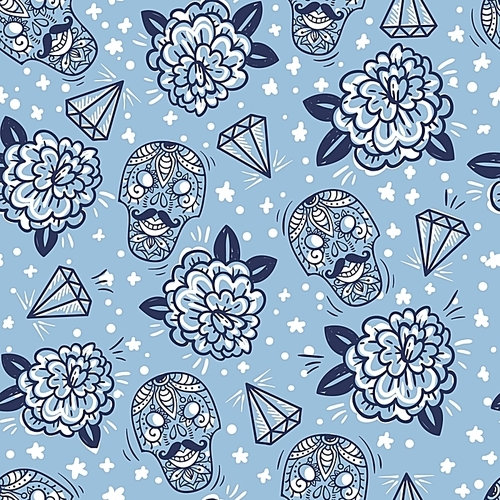 vector  seamless pattern with vintage roses|skulls and diamonds
