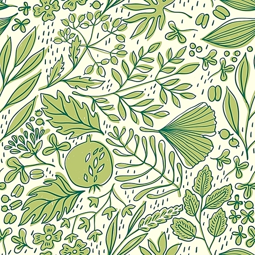vector floral seamless pattern with hand drawn fruits and plants