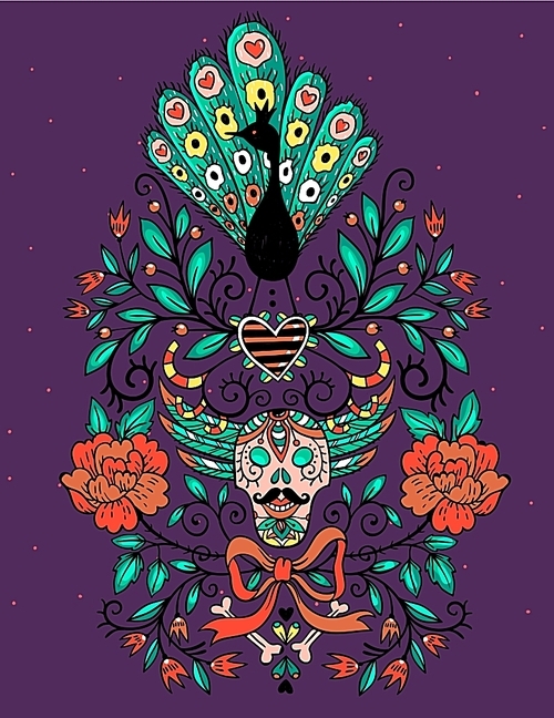 Vintage vector illustration with an ornamental skull|a peacock and blooming roses