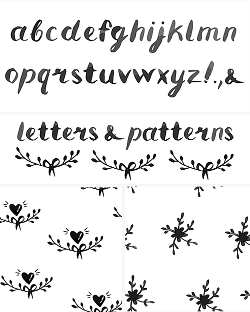 vector set of watercolor alphabet and two seamless patterns