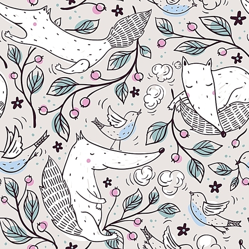 vector seamless pattern with funny foxes|birds and cherry branches