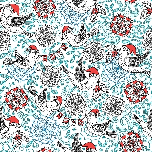 Christmas vector seamless pattern with flying birds and Christmas decorations
