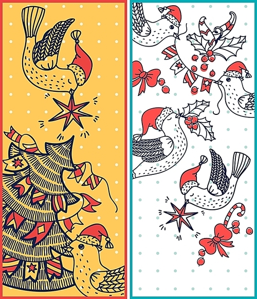 two vector Christmas cards with birds and a Christmas tree