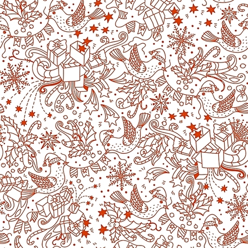 Christmas vector seamless pattern with birds and decorations