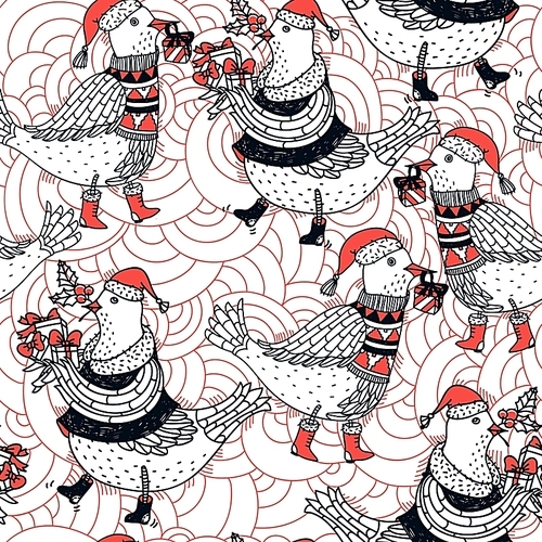 Christmas vector seamless pattern with walking birds