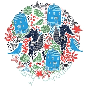 Christmas background with blue houses and cute foxes