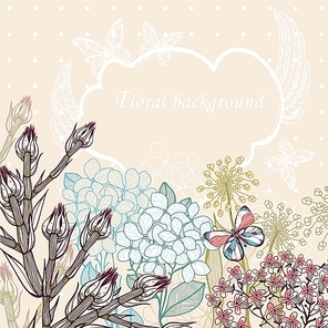 vector floral illustration of blooming flowers and colored  butterflies