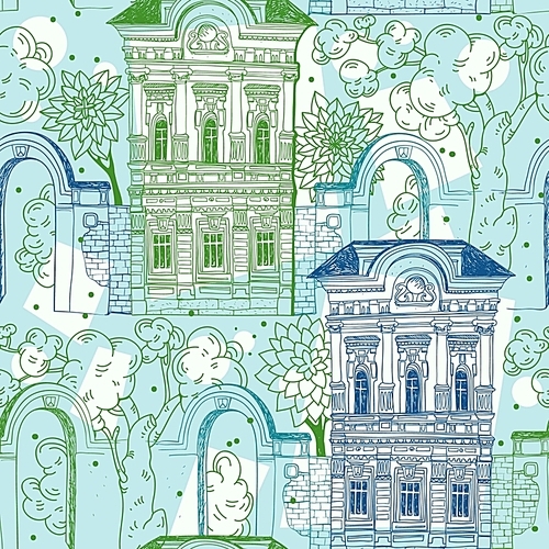 vector seamless pattern with hand drawn old houses