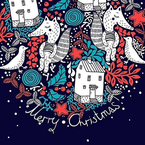 Christmas vector background with cute animals and abstract houses