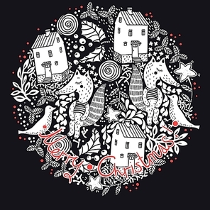 Christmas vector illustration with rural houses and cute foxes