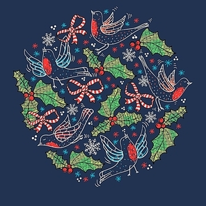 Christmas vector illustration with flying birds and holly berries