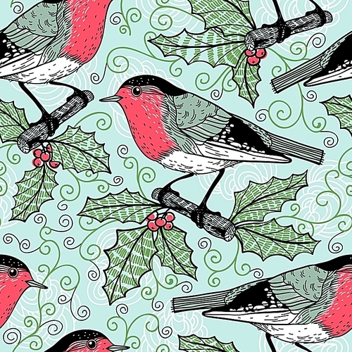 Christmas vector seamless pattern with birds and berries