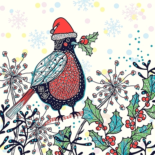 Christmas vector illustration of a funny bird in a red Santa Claus hat