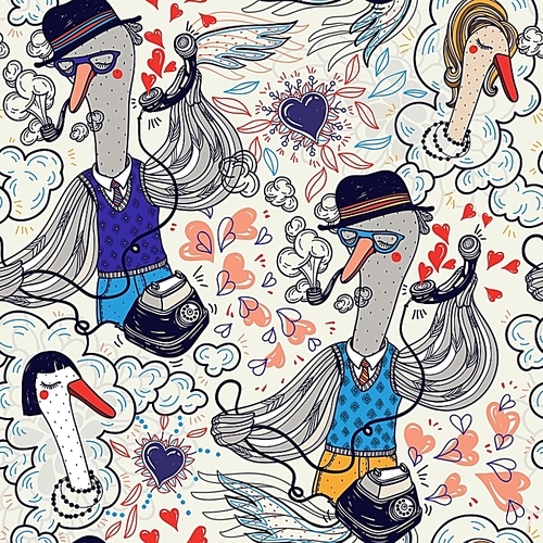 vector seamless pattern with funny birds and vintage phones