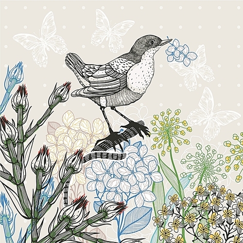 vector floral illustration of a little bird and blooming plants