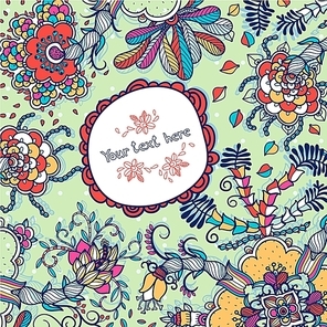 vector floral frame with fantasy colorful flowers and plants