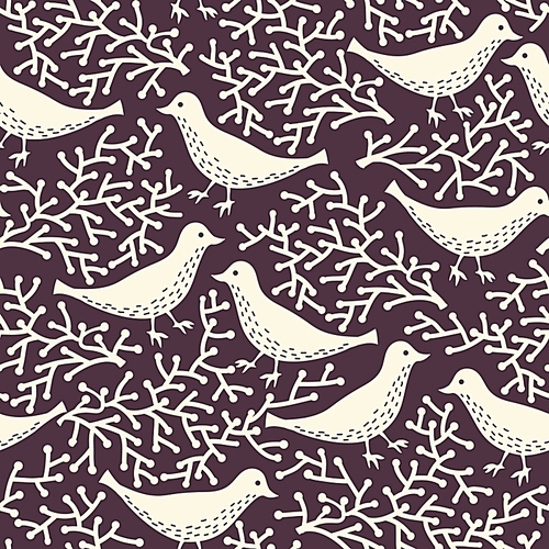 vector  seamless pattern with abstract plants and birds