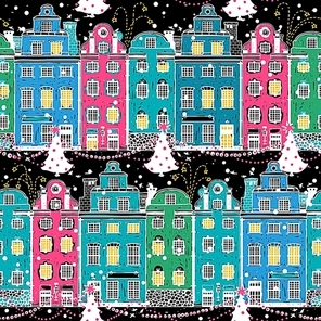 Christmas vector seamless pattern with decorated houses and fireworks