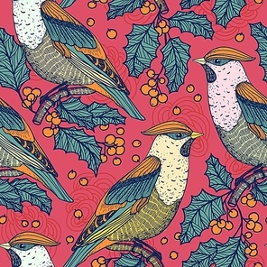 Christmas vector seamless pattern with waxwings and holly berries