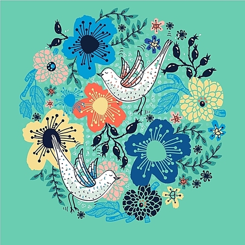 vector illustration of blooming flowers and a couple of white birds