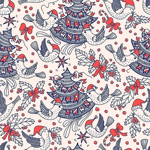 Christmas vector seamless pattern with flying birds and Christmas tree