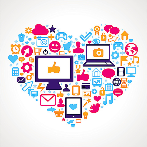 Vector social media concept - app and technology icons in shape of heart
