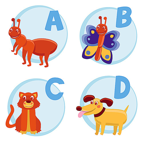 Vector funny cartoon alphabet for children - Ant|Butterfly|Cat|Dog