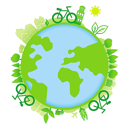 Vector ecology concept - planet with icons and bicycles - vector illustration