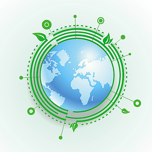 Vector ecology concept - blue earth with green leaves